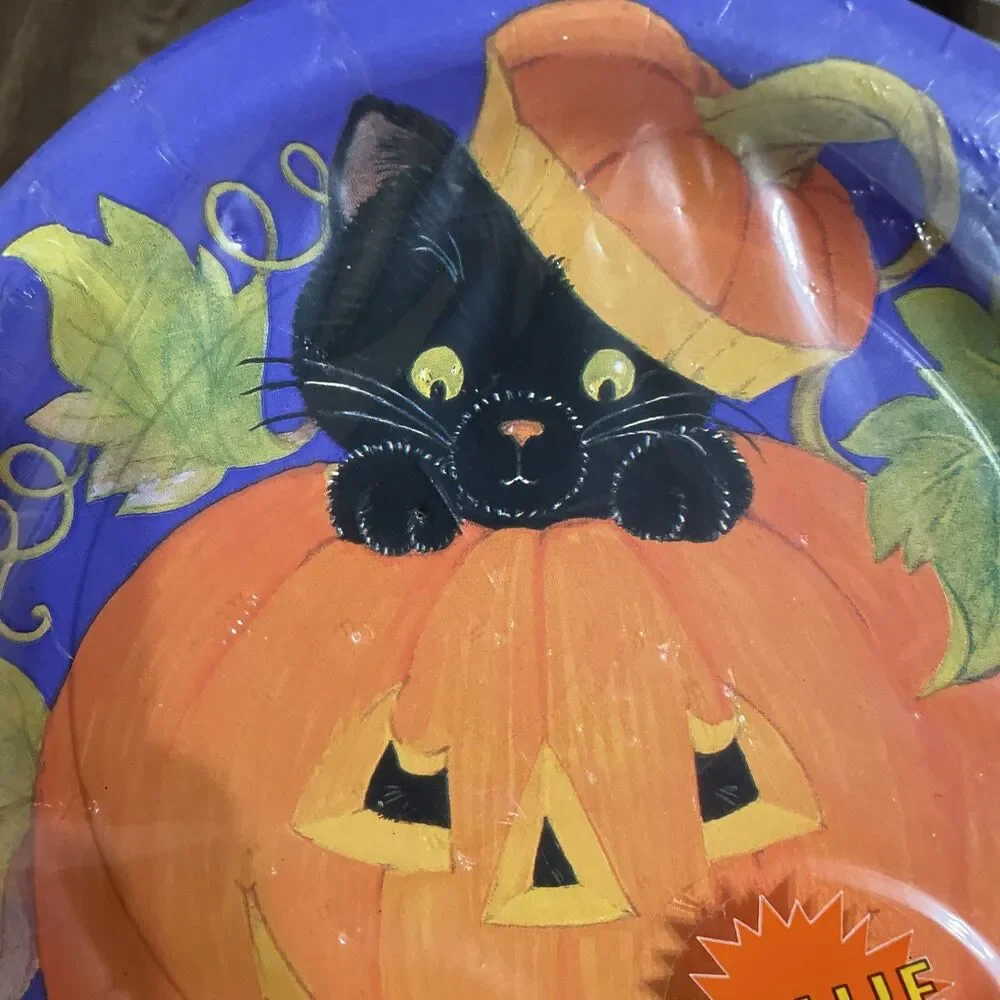 Vintage Halloween 9” Set 12 Plates American Greetings Black Cat Pumpkin Cute